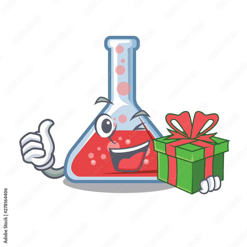 Sticker With gift erlenmeyer flask above wooden cartoon table