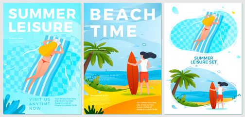 Vector summer leisure posters set - woman in pool and on beach with surf. Ocean, palm and sand on background. Print template with place for your text.