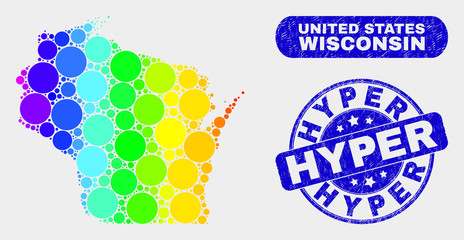 Spectrum spotted Wisconsin State map and watermarks. Blue round Hyper distress seal. Gradiented spectral Wisconsin State map mosaic of randomized round dots. Hyper seal stamp with distress surface.