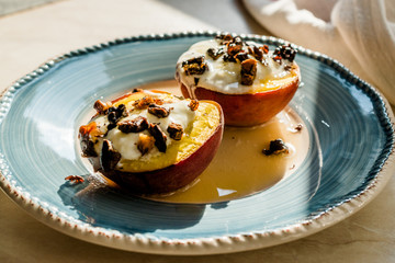 Baked Peaches with Greek Yogurt, Roasted Walnuts and Honey / Nectarines.