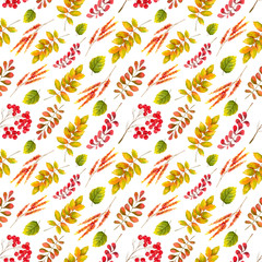 Watercolor pattern of leaves, branches, flowers. Hand-drawn seamless texture. Autumn decorative elements in yellow and orange tones. Isolated objects on white background.
