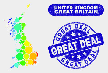 Spectral dot Great Britain map and seals. Blue rounded Great Deal distress seal. Gradient spectral Great Britain map mosaic of scattered round spots. Great Deal seal with dirty texture.