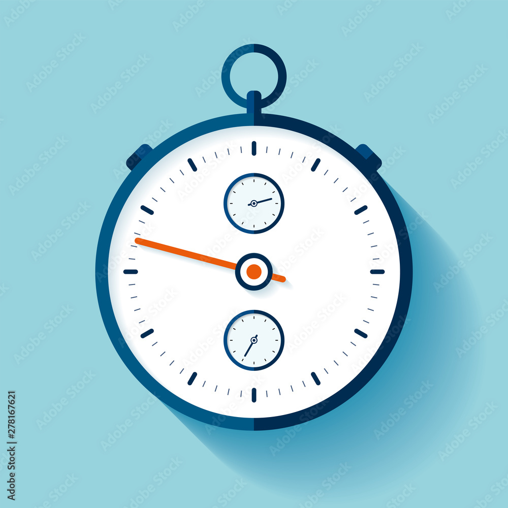 Poster stopwatch icon in flat style, round timer on color background. sport clock. chronometer. time tool. 