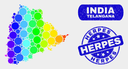 Spectral dot Telangana State map and watermarks. Blue rounded Herpes scratched stamp. Gradiented spectral Telangana State map mosaic of scattered round elements. Herpes imprint with scratched surface.