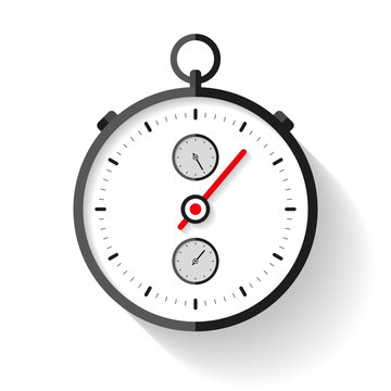 Stopwatch icon in flat style, round timer on white background. Sport clock. Chronometer. Time tool. Vector design element for you business project