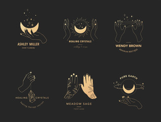 Collection of fine, hand drawn style logos and icons of hands. Esoteric, fashion, skin care and wedding concept illustrations. Vecor design