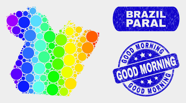 Spectrum spotted Paral State map and rubber prints. Blue round Good Morning textured seal stamp. Gradiented spectrum Paral State map mosaic of randomized small spheres.