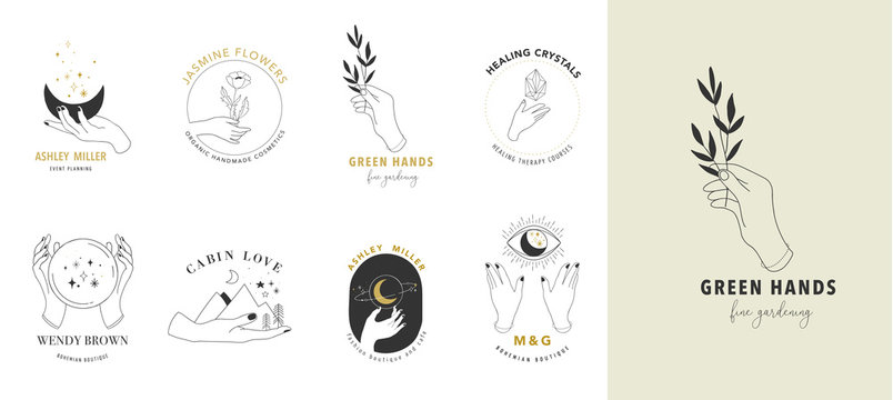Collection of fine, hand drawn style logos and icons of hands. Esoteric, fashion, skin care and wedding concept illustrations. Vecor design