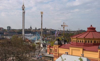 View of the amusement park Grona Lund in Djurgarden and the circus building. From the park Skansen. Stockholm, Sweden