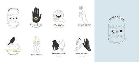 Collection of fine, hand drawn style logos and icons of hands. Esoteric, fashion, skin care and wedding concept illustrations. Vecor design