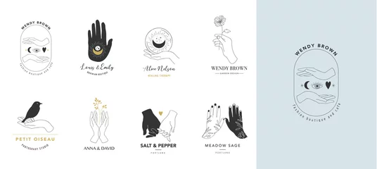 Fotobehang Collection of fine, hand drawn style logos and icons of hands. Esoteric, fashion, skin care and wedding concept illustrations. Vecor design © Marina Zlochin