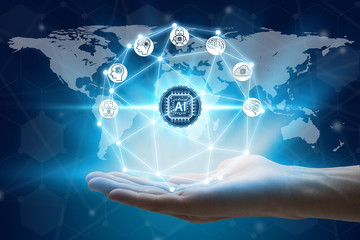 Hand holding with virtual screen Artificial Intelligence technology icon over the Network connection, Artificial Intelligence Technology Concept.