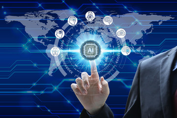 Businessman hand touching virtual screen Artificial Intelligence technology icon over the Network connection, Artificial Intelligence Technology Concept.