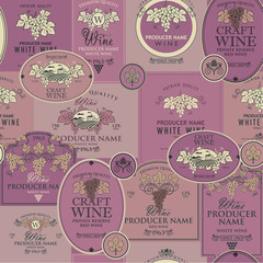 seamless pattern on the theme of wine with various wine labels with images of grapes, landscapes, winery and other in retro style