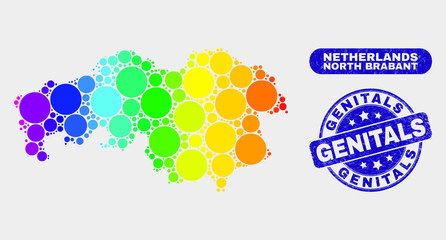 Rainbow colored spotted North Brabant Province map and seals. Blue rounded Genitals textured seal stamp. Gradient rainbow colored North Brabant Province map mosaic of random round elements.
