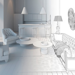 3d illustration. Sketch of living room with kitchen goes into white computer stuff