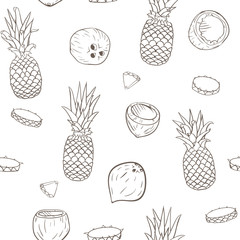 Vector Pina Colada Linart on White seamless pattern background.