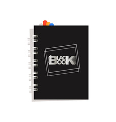 Realistic black notebook with bookmarks. Emblem, logo. Concept design for notepad, booklet, bookshelf, book, reader list, textbook, scrapbook.	