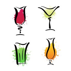 Vector hand sketched glass of Margarita or Daiquiri cocktails. Modern illustration of summer traditional drink cocktail with décor element. Hand drawn poster with alcohol drink for bar, menu, party.  