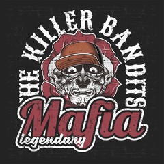 mafia gangster,bandits with letter the killer bandit, .vector hand drawing,Shirt designs, biker, disk jockey, gentleman, barber and many others.isolated and easy to edit. Vector Illustration