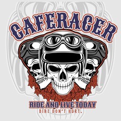 cafe racer 3 skulls wearing helmets.vector hand drawing,Shirt designs, biker, disk jockey, gentleman, barber and many others.isolated and easy to edit. Vector Illustration