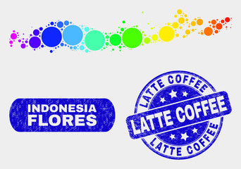 Spectrum spotted Flores Islands of Indonesia map and seal stamps. Blue round Latte Coffee grunge seal stamp.