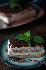 Homemade tiramisu cake with cocoa on a dark background. Traditional Italian dessert.
