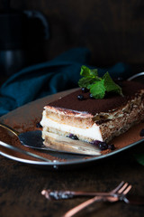 Homemade tiramisu cake with cocoa on a dark background. Traditional Italian dessert.