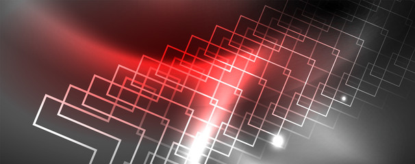 Shiny neon techno template. Neon lines background, 80s style laser rays