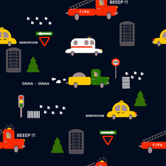  Flat vector seamless pattern. Transport: ambulance, fire, taxi. Road signs, houses on a dark background. Illustration.