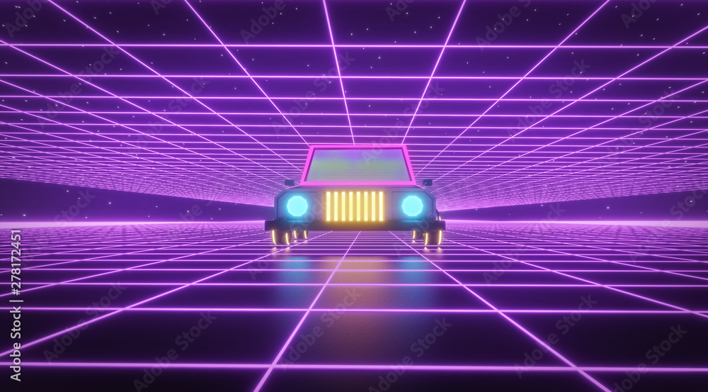 Poster retro future. 80s style sci fi background with futuristic retro car. 3d rendering