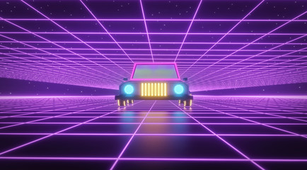 Retro future. 80s style sci fi background with Futuristic retro car. 3d rendering