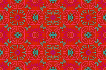 Seamless endless repeating bright ornament of multi-colored geometric shapes