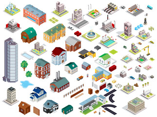 Set of isometric city buildings. Town district landscape with urban infrastructure streets and houses. 3D map vector illustration