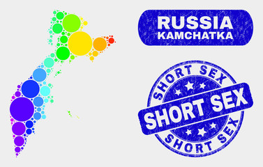 Rainbow colored dot Kamchatka map and seal stamps. Blue rounded Short Sex scratched seal stamp. Gradient spectrum Kamchatka map mosaic of randomized round dots.
