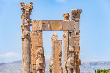 The view of the remaining ruins of the Gate of All Nations in Persepolis, the ancient capital of...