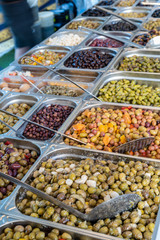 Fresh olives for sale at a stall street market in Provence France