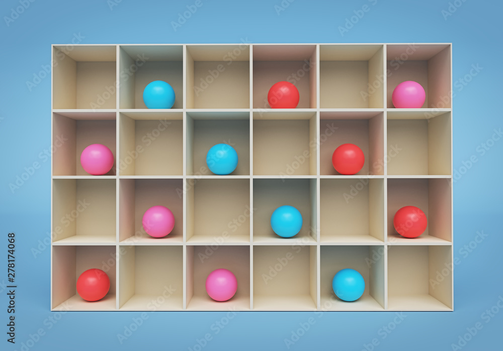 Poster multicolored balls on a shelf. 3d rendering