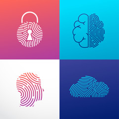 Fingerprint scan logo, privacy, cyber security ,identity information and network protection. Person head, brain, cloud and lock icons. Vector icon
