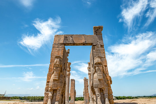 The view of the remaining ruins of the Gate of All Nations in Persepolis, the ancient capital of the Persian Persian Empire of the Hellenes, Province of Fars,.Iran