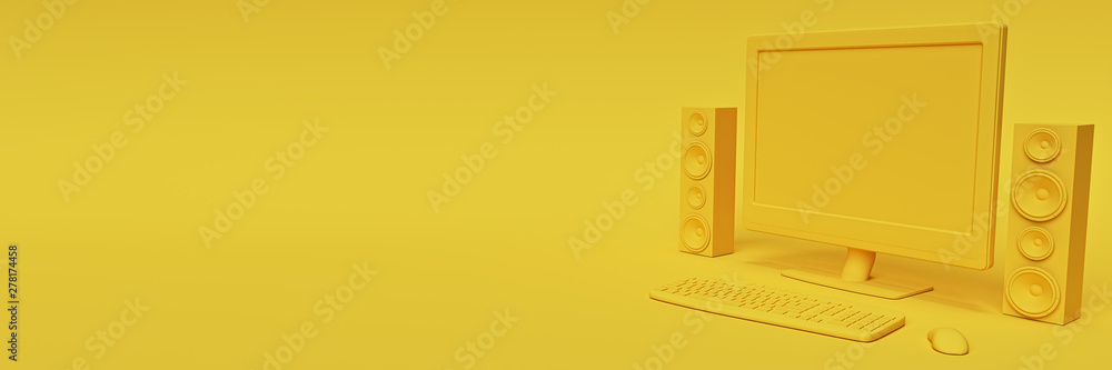 Poster yellow colored modern desktop computer. 3d rendering