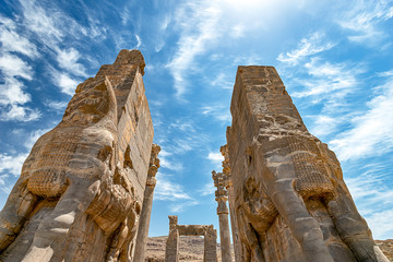 The view of the remaining ruins of the Gate of All Nations in Persepolis, the ancient capital of...