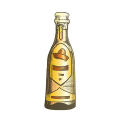 Traditional Mexican Tequila Drink Bottle Vector. Glass Bottle With Blank Label And Designed Sombrero For Classical Alcohol Drink Produced In Mexico. Vodka Made From Cactus Color Illustration
