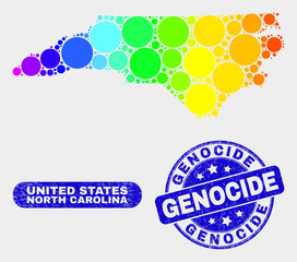 Rainbow colored dot North Carolina State map and rubber prints. Blue round Genocide scratched stamp. Gradiented rainbow colored North Carolina State map mosaic of randomized round spots.