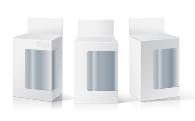 Empty box with a transparent plastic window for new design. Product Packing Vector.