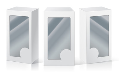 Empty box with a transparent plastic window for new design. Product Packing Vector.