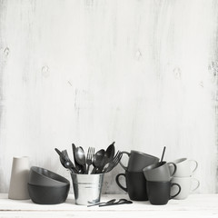 Set of black and grey tableware