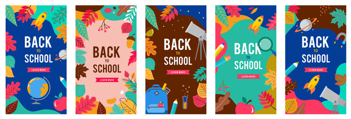 Back to school set of banners with leaves, pen, pencil and apple on different backgrounds. School shopping, sale signs. Vector illustration.