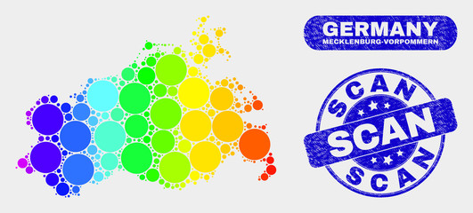 Rainbow colored dotted Mecklenburg-Vorpommern Land map and rubber prints. Blue round Scan grunge stamp. Gradiented rainbow colored Mecklenburg-Vorpommern Land map mosaic of randomized circle.