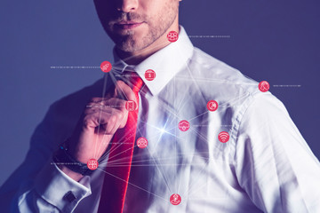 businessman formal suit hand point world global virtual map with polygon connecting line business...